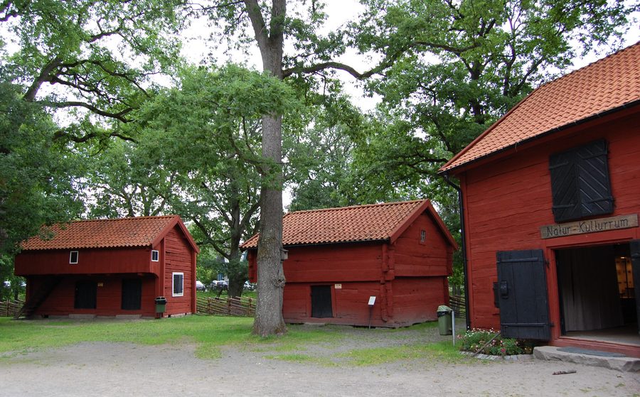 Historic wooden houses in Apladalen park in Värnamo