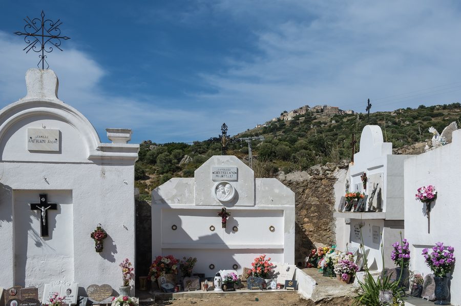 View from the cemetery near the Église de la Sainte-Trinité d'Aregno to the village of Sant'Antonino in Haute-Corse