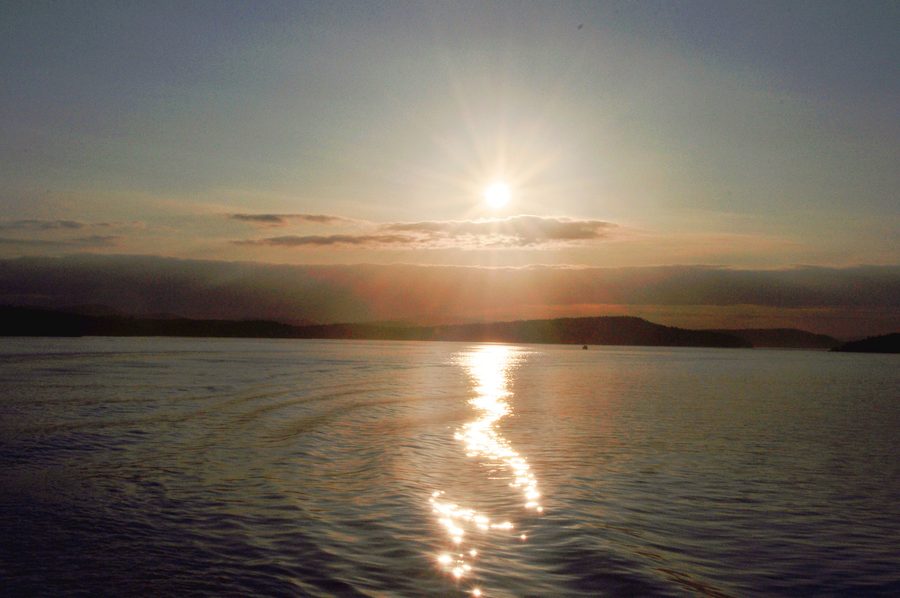 Sunset view over the San Juan Islands from a Washington State Ferry.