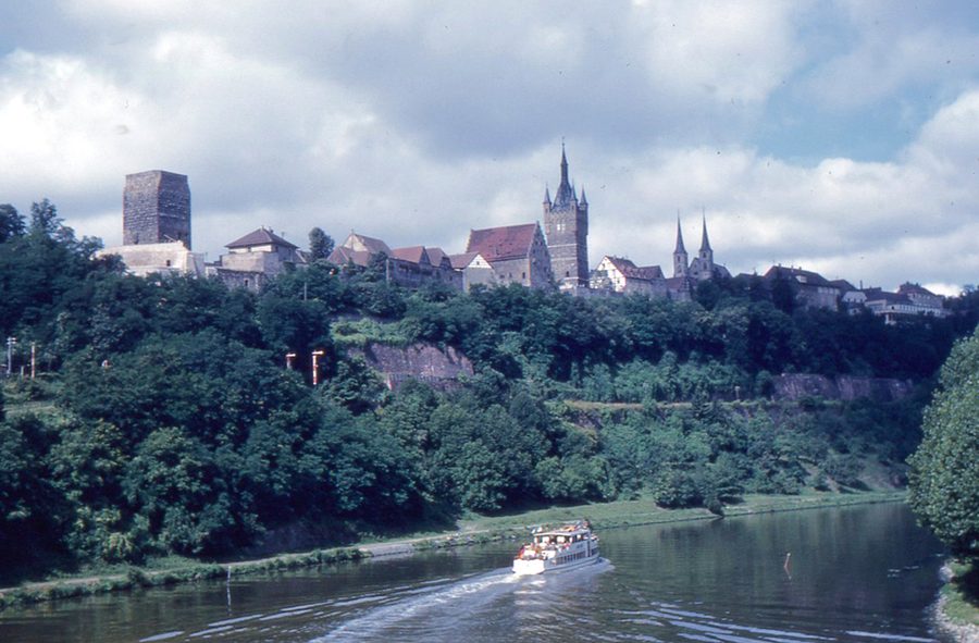 Historic town silhouette of Bad Wimpfen with the Red Tower, Stone House, Blue Tower, and the Neckar