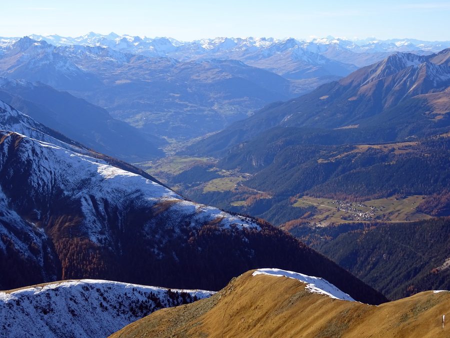 View over Wiesen, Schmitten, Alvaneu and Tiefencastel in the Albula Valley