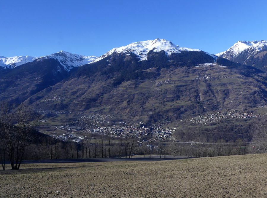 Aime-la-Plagne in the Tarentaise valley in winter, view from the heights of Mâcot