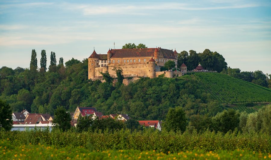 Stettenfels Castle in Untergruppenbach in warm evening light, seen from the southwest