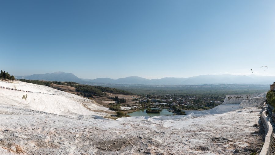 White travertine terraces and thermal pools at Pamukkale in Denizli Province, Turkey