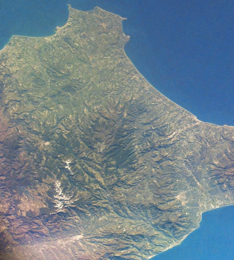 Aerial view of the River Savuto valley and surrounding Calabria landscape