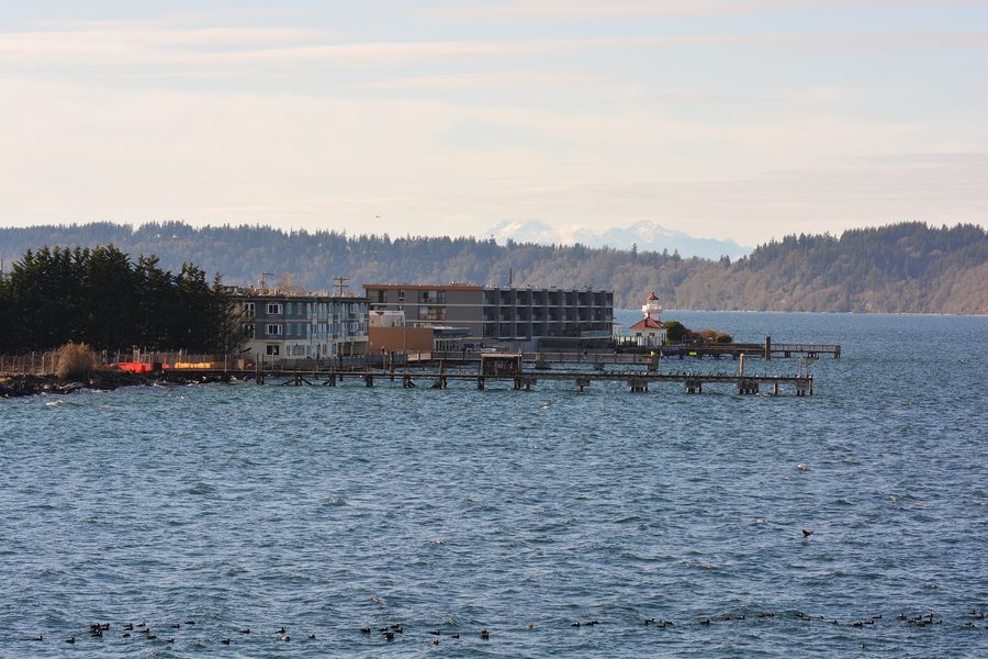 Mukilteo waterfront in Washington, seen looking south from the ferry dock