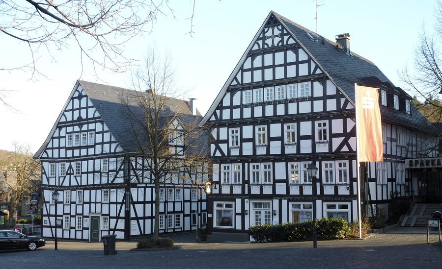 Historic half-timbered houses on the market square in Hilchenbach in the Siegen-Wittgenstein district