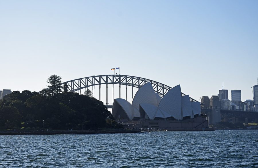 Sydney Opera House and Sydney Harbour Bridge seen from Mare and Foal Lawn