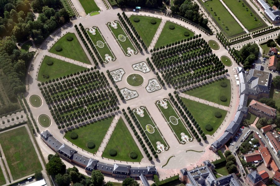 Aerial view of the entrance area of Schwetzingen Palace Gardens and palace