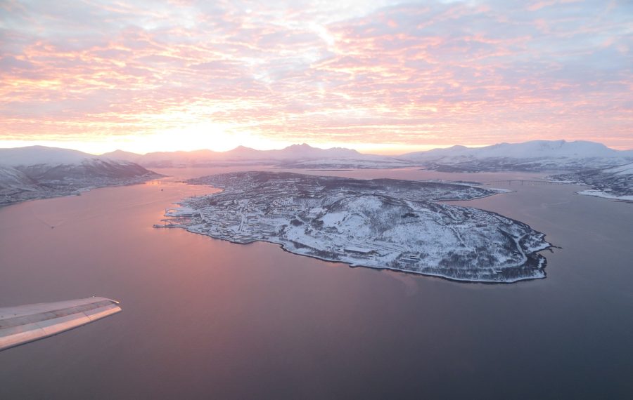 Aerial view of Tromsøya with the central urban areas in northern Norway