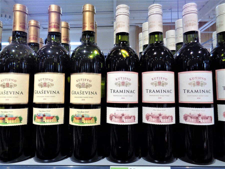Bottles of Graševina and Traminac wine from Požega-Slavonia County