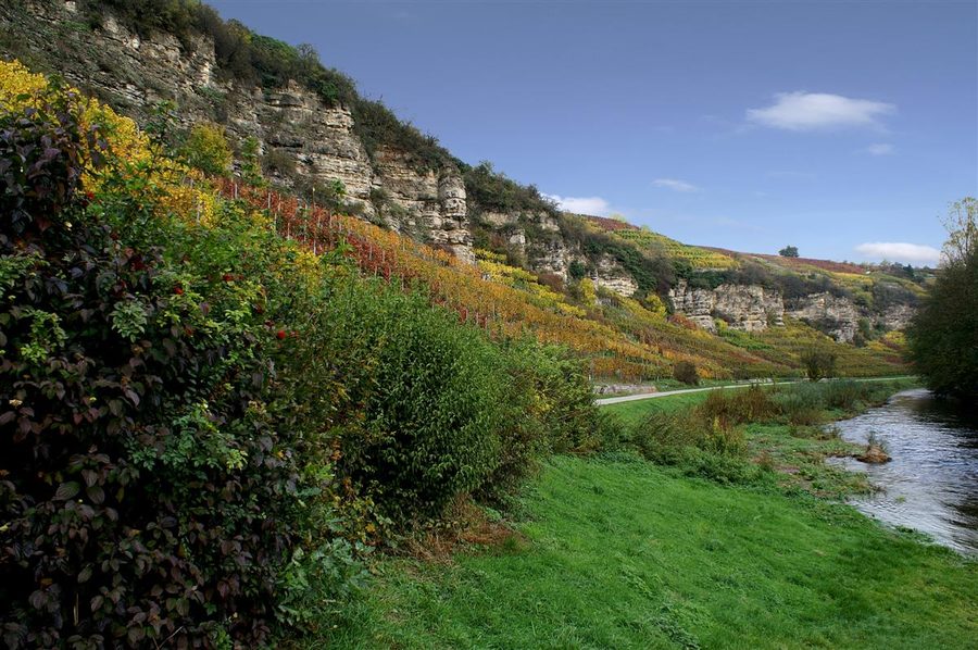 Enz Valley near Mühlhausen with the river course and wooded slopes