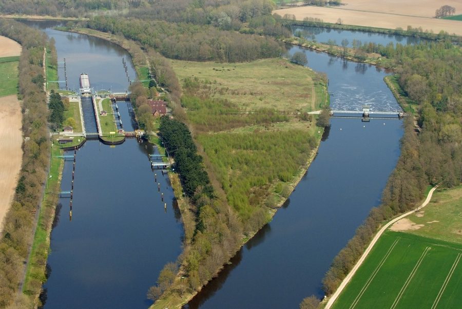 Aerial view of the water landscape near Bollingerfähr on the Dortmund-Ems Canal near Heede