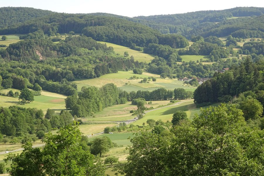 View from Lichtenberg over Fischbachtal and the Herrensee near Niedernhausen